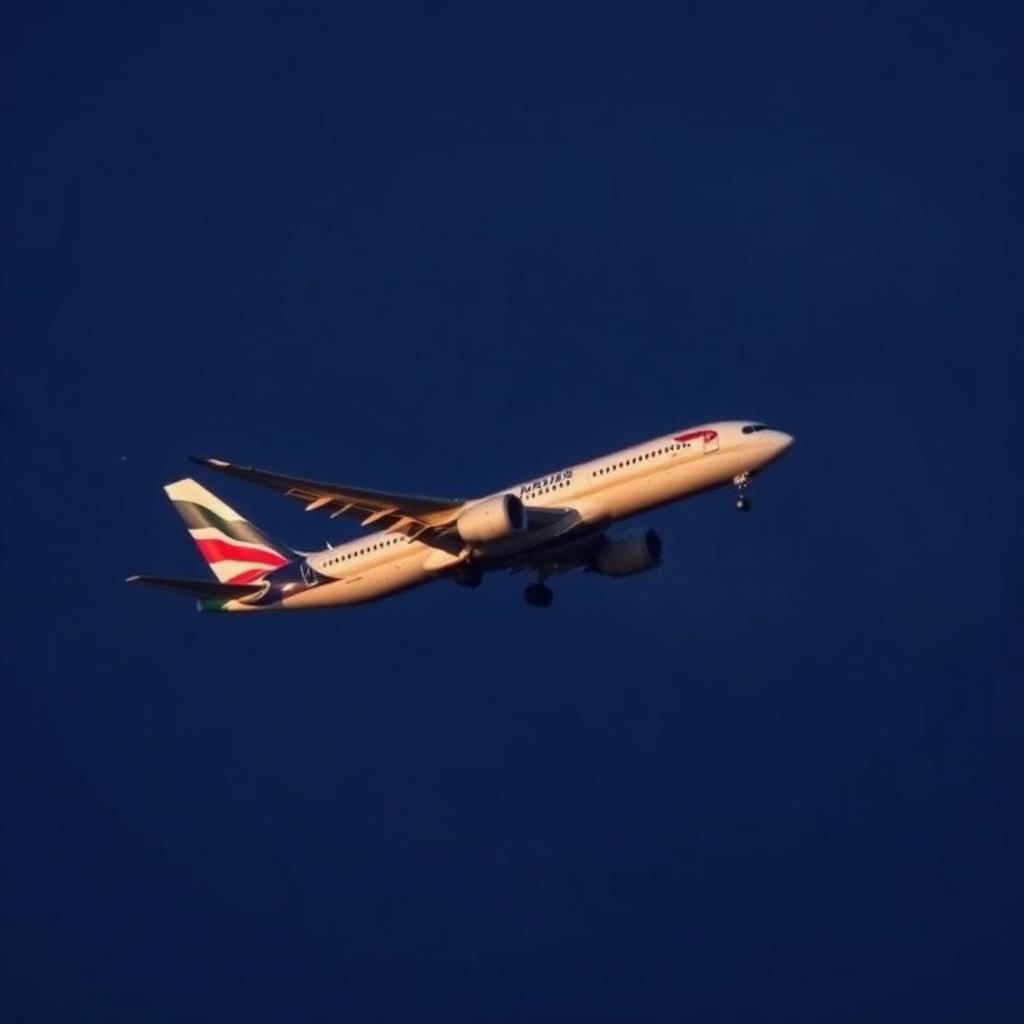 Commercial passenger aircraft taking off into a deep navy sky