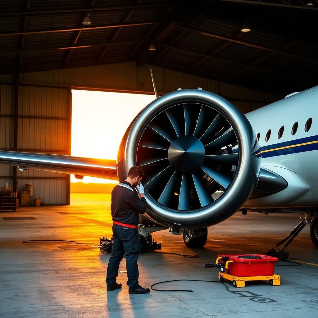 Aircraft engine maintenance at sunset
